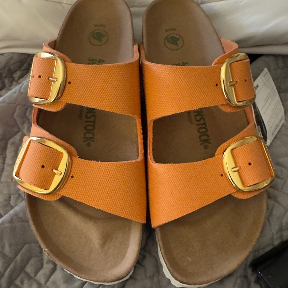 Birkenstock Bright Orange Sandals with Gold Big Buckles